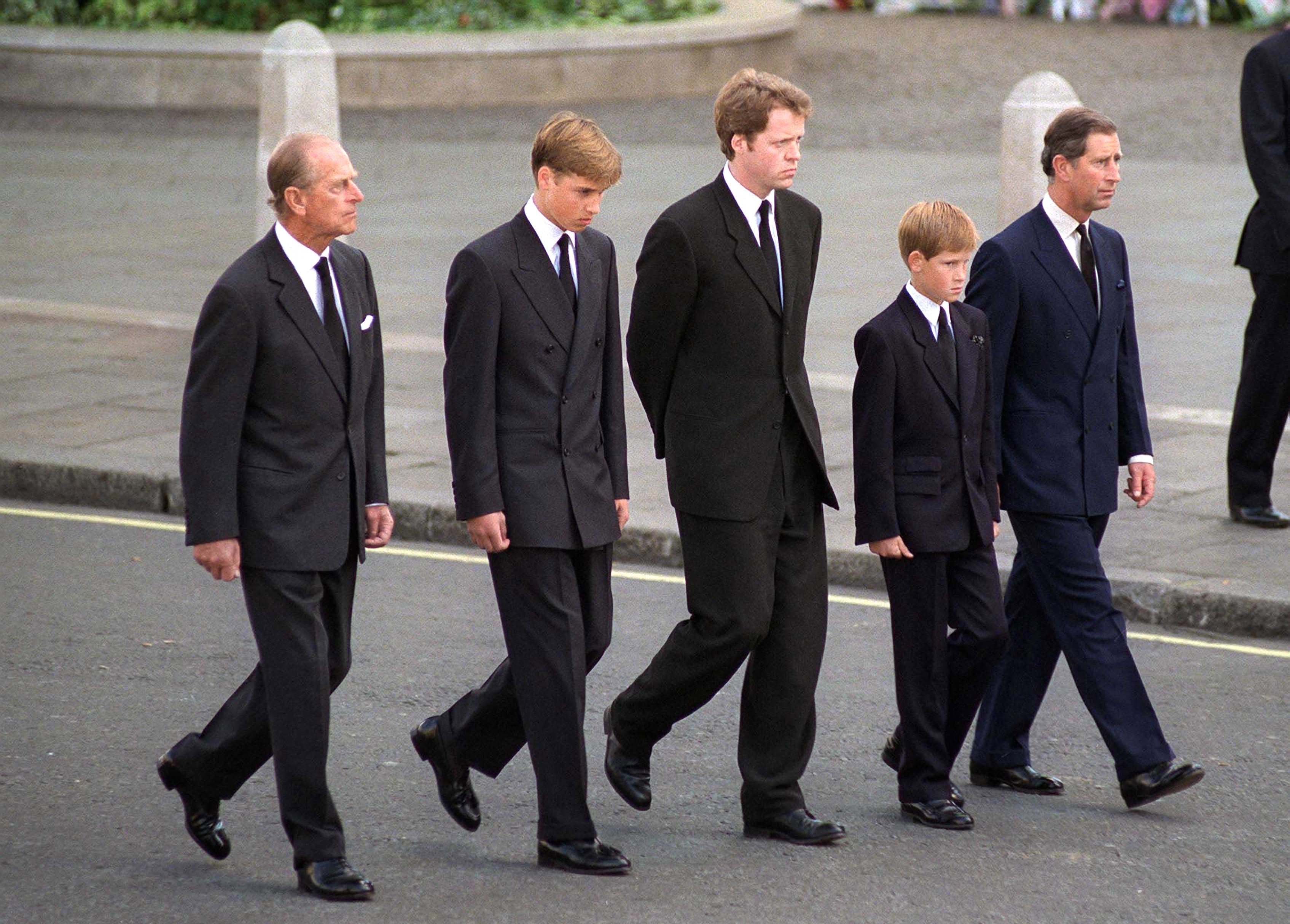 Prince Philip, Prince William, Charles Spencer, Prince Harry and Prince Charles walking in Princess Diana's funeral procession