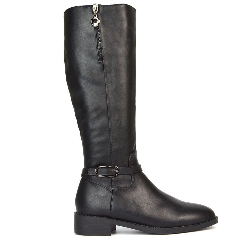 'georgina' Knee High Boots Low Heel Zip Up Calf Riding Biker With Ankle Strap
