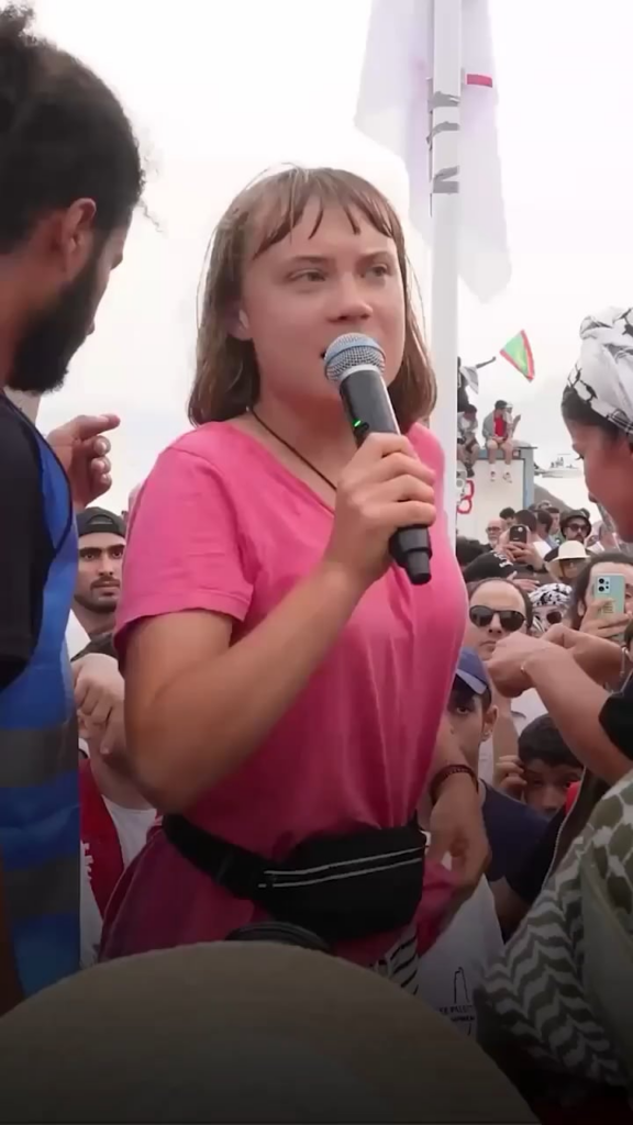 Greta Thunberg addressing crowds in Tunisia yesterday after the arrival of the Spanish flotilla in the country. Her main key message: All eyes on Gaza! Greta Thunberg addressing crowds in Tunisia yesterday after the arrival of the Spanish flotilla in the country. Her main key message: All eyes on Gaza!