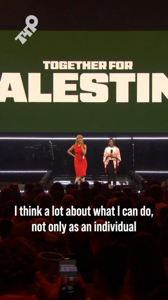 PinkPantheress during the Together for Palestine concert: “We have a responsibility to use our platforms. Neutrality or silence shouldn’t be an option. Give Palestine your voice. And when your voice gets hoarse, hang your flags, wear your keffiyeh, show them we are here.”