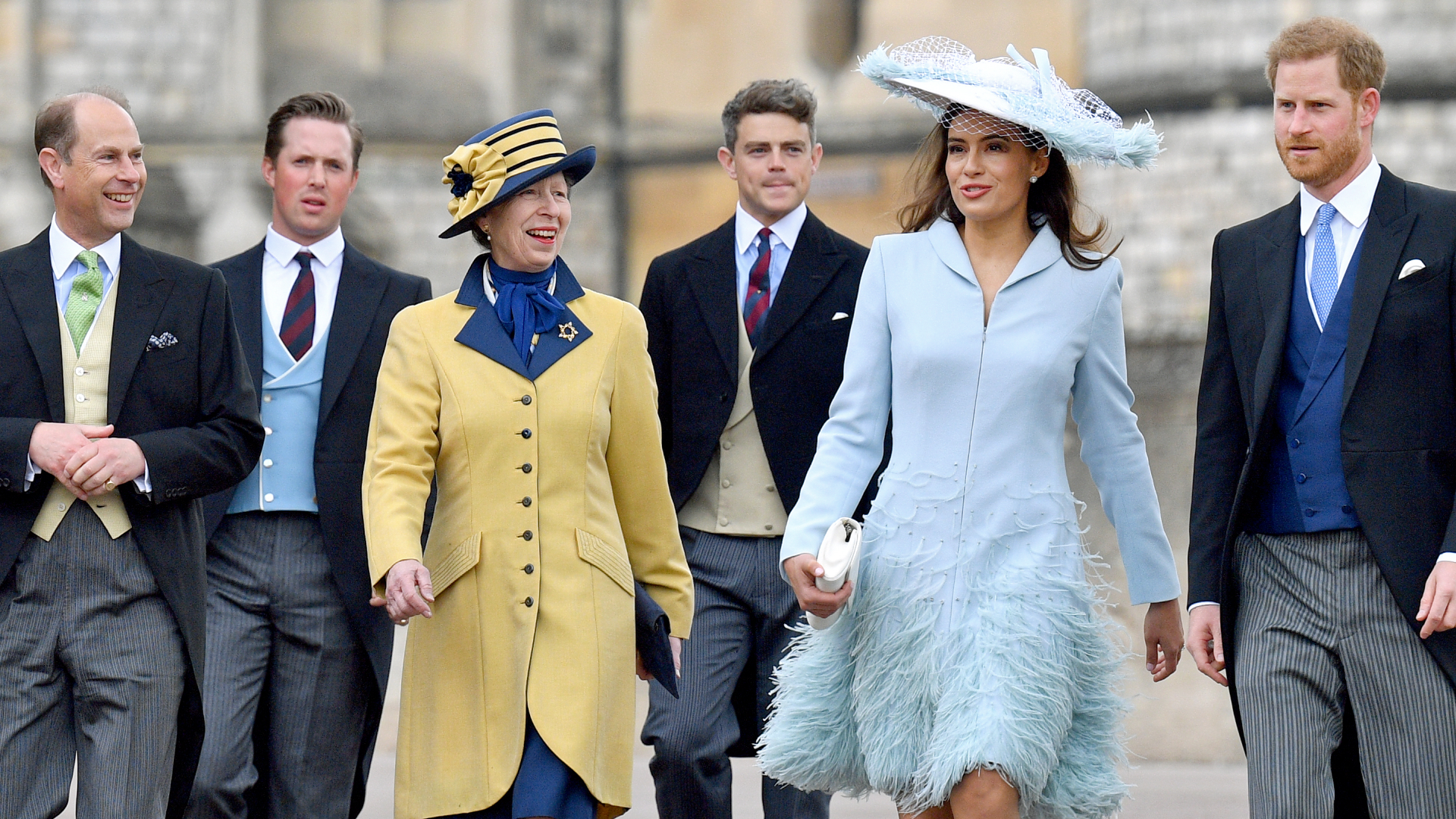 Prince Edward, Princess Anne, Sophie Winkleman, Prince Harry walking to church in dresses and suits