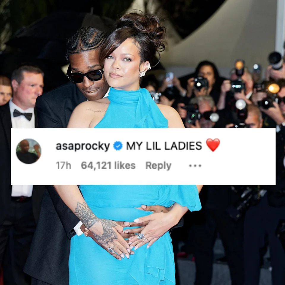 Two celebrities pose on a red carpet; one in a stylish draped gown, cradled by the other in a suit while photographers capture the moment