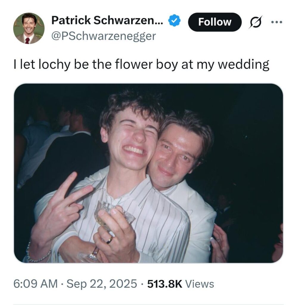 Patrick Schwarzenegger had his onscreen brother Sam Nivola as the flower boy at his wedding