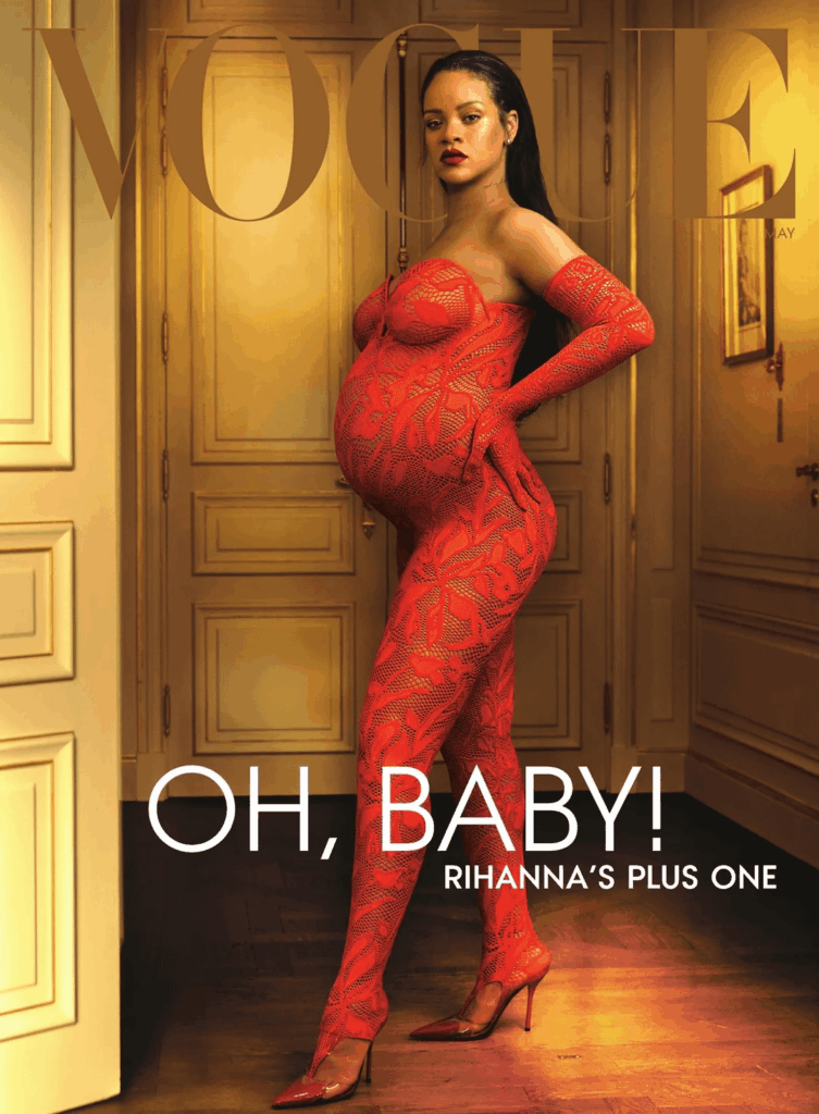Rihanna on the cover of Vogue’s May 2022 Issue, photographed by Annie Leibovitz during her first pregnancy (April 12, 2022).