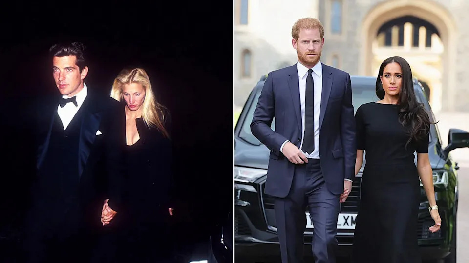 A split side-by-side image of JFK JR. and Carolyn Bessette-Kennedy and Prince Harry with Meghan Markle.