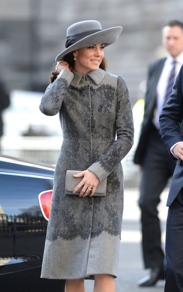 Kate Middleton attends the Commonwealth Observance Day Service at Westminster Abbey in London, wearing agrey coat by Erdem