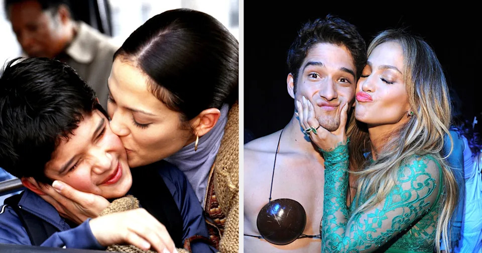 Two side-by-side images: a person kissing a child and the same person posing and hugging an adult on the red carpet, who is wearing a decorative outfit