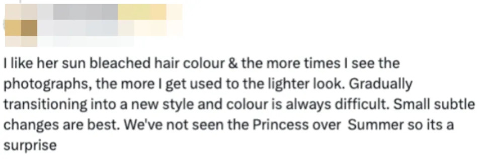 Tweet expressing positive sentiment about a person's lighter hair color and gradual style transition, with a mention of change being subtle and surprising