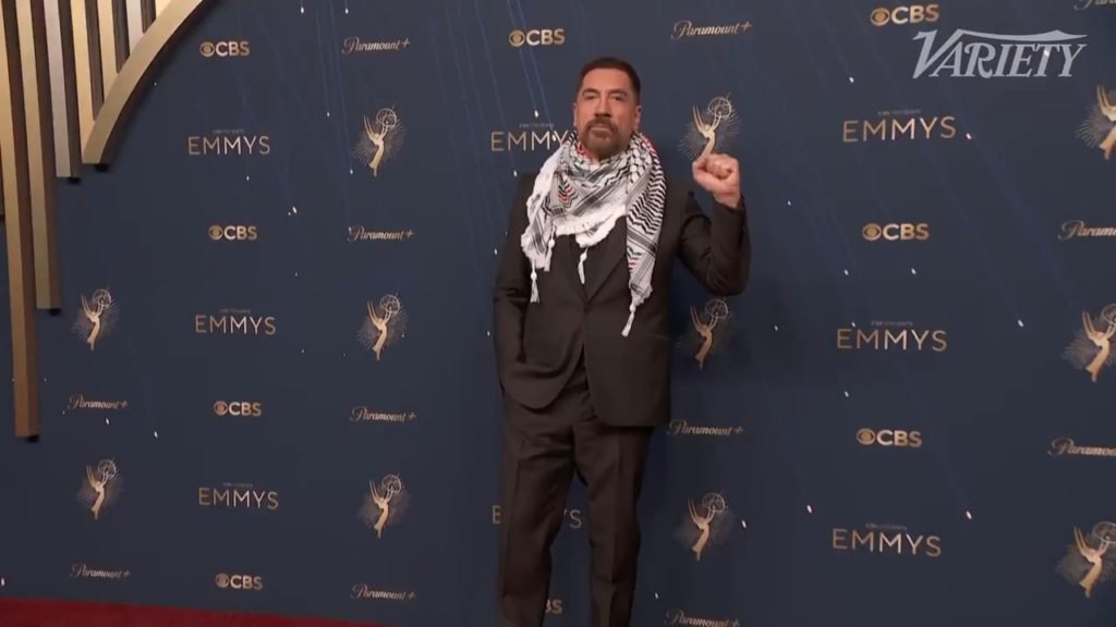 Javier Bardem wears a keffiyeh on the Emmys red carpet