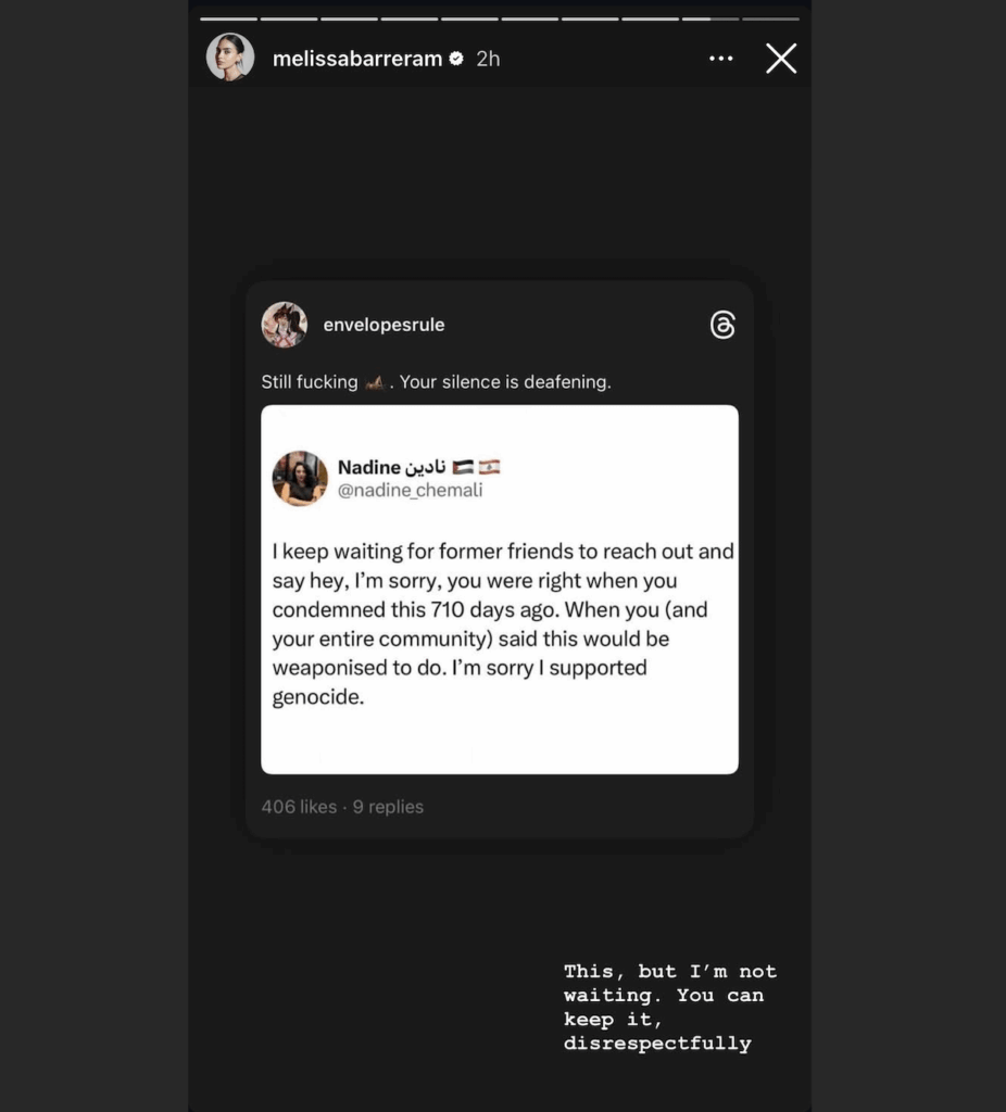 Melissa Barrera on waiting for friends to reach out and say sorry for supporting genocide in the past in Instagram story: “This, but I'm not waiting. You can keep it, disrespectfully”