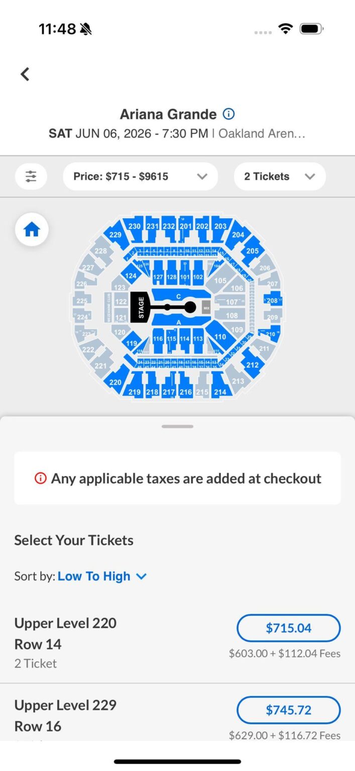 Most of the tickets for the opening night of Ariana Grande's "Eternal Sunshine Tour" are up for resale, with upper level tickets being upwards of 700$
