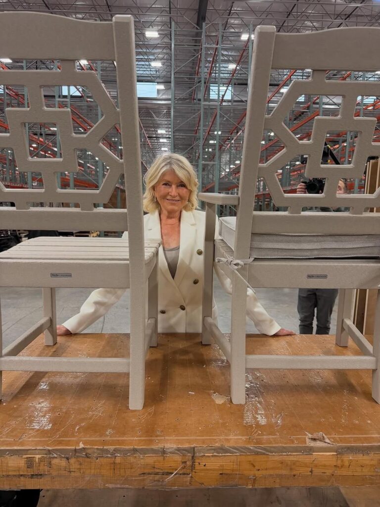 Martha Stewart shows off her new line of furniture which is made entirely of recycled plastic that has been transformed into “lumber” using a 99% waste-free process