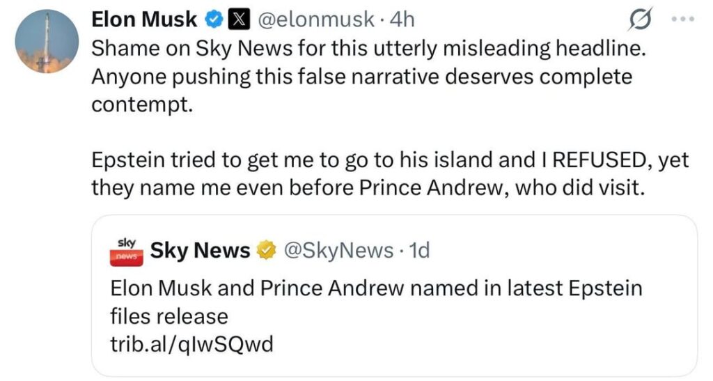 Elon Musk is upset with Sky News’s headline, “Elon Musk and Prince Andrew named in latest Epstein files release”