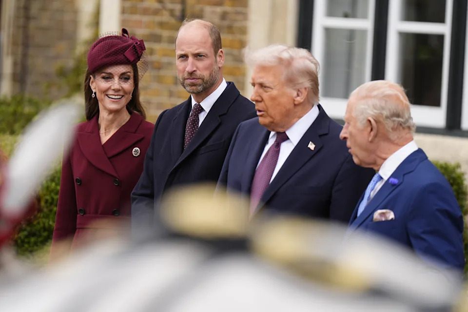 Britain's King Charles III and Britain's Queen Camilla greet US President Donald Trump and First Lady Melania Trump, accompanied by Britain's Prince William, Prince of Wales and Britain's Catherine, Princess of Wales, upon their arrival in the grounds of Windsor Castle, in Windsor, on September 17, 2025, for the start of a second State Visit. US President Donald Trump arrived in Britain for an unprecedented second State Visit, with the UK government rolling out a royal red carpet welcome to win over the mercurial leader. 