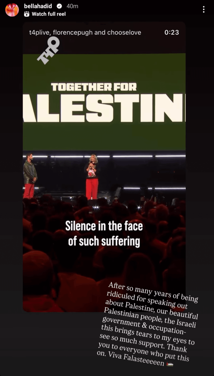 Bella Hadid: "After so many years of being ridiculed for speaking out about Palestine, our beautiful Palestinian people, the Israeli government & occupation-this brings tears to my eyes to see so much support. Thank you to everyone who put this on. Viva Falasteeeeen" 🇵🇸