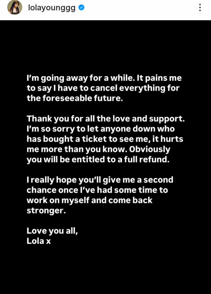 Lola Young cancels all future dates to 'go away for a while'