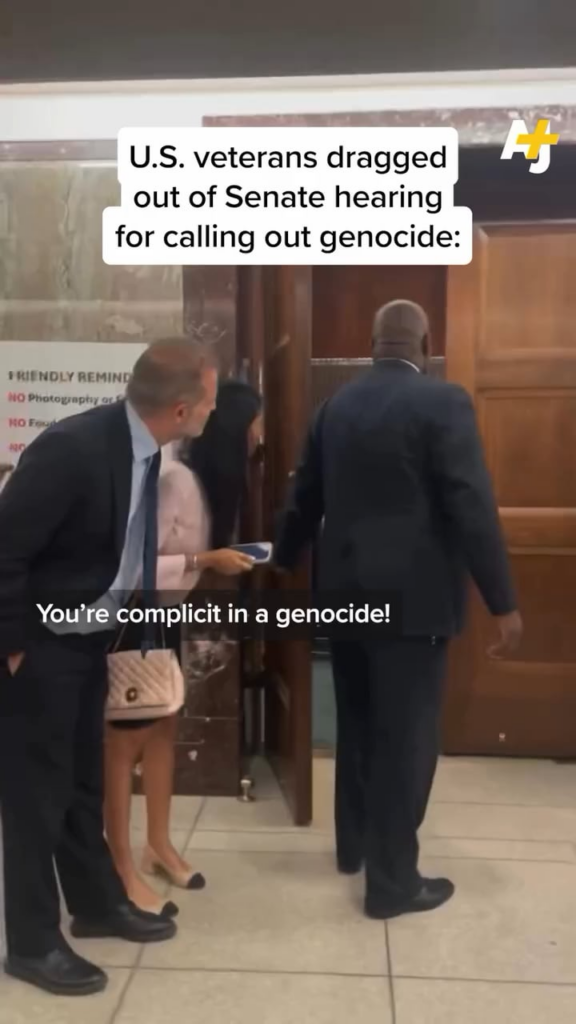 U.S. Army veterans Anthony Aguilar and Josephine Guilbeau were removed from a Senate hearing and arrested after calling out the committee members for being complicit in Israel’s genocide in Gaza. U.S. Army veterans Anthony Aguilar and Josephine Guilbeau were removed from a Senate hearing and arrested after calling out the committee members for being complicit in Israel’s genocide in Gaza.