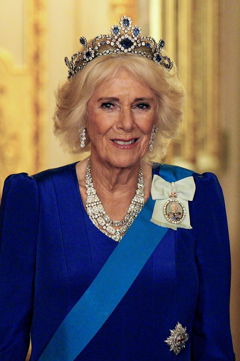 Queen Camilla arrives for the State Banquet hosted by King Charles III and members of the Royal Family at Windsor Castle 