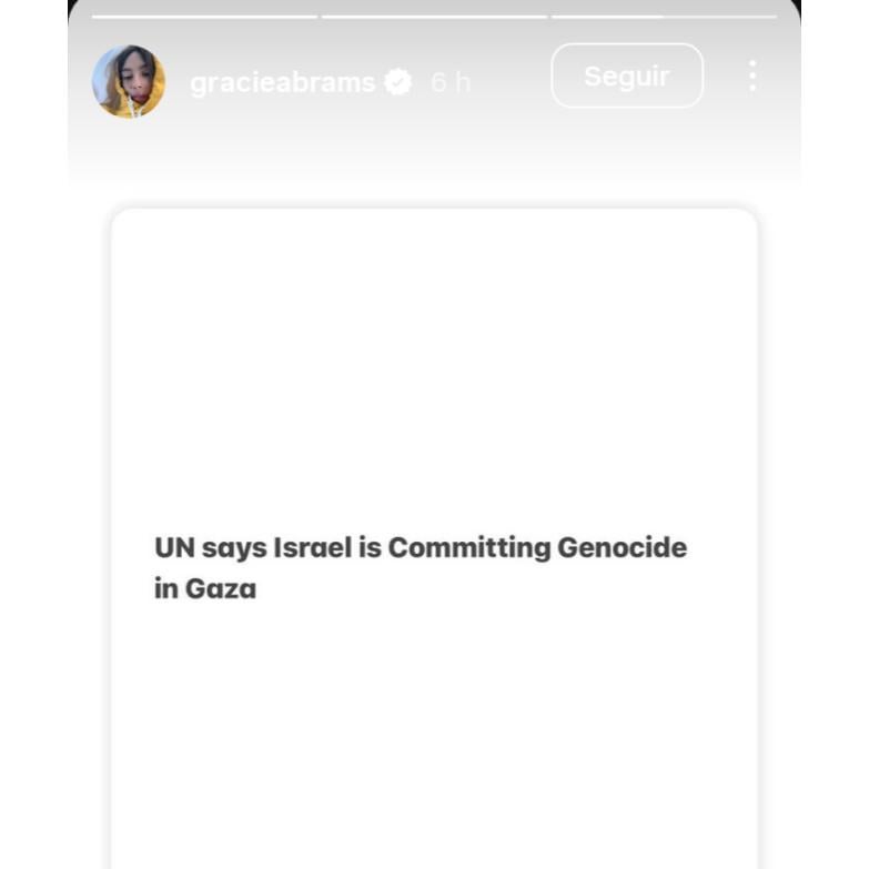 Gracie Abrams reshares post regarding the UN Commission report about Israel committing genocide in Gaza.