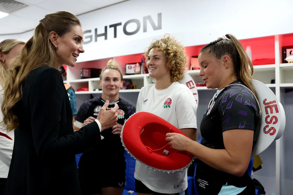 Kate Middleton speaks with rugby players rugby players Megan Jones, Ellie Kildunne, and Jessica Breach on September 06, 2025.