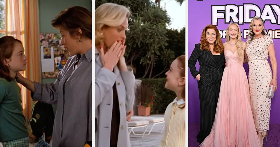 Triptych image: Scenes from "Freaky Friday" with characters and a recent premiere featuring actors in formal attire