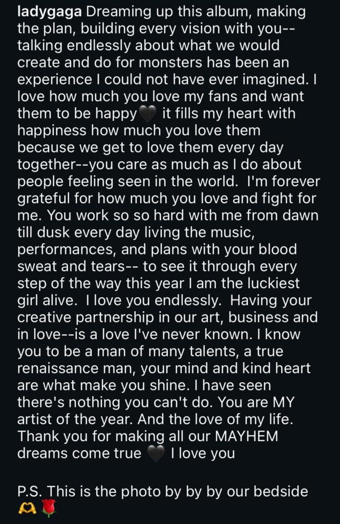 Lady Gaga shares tribute for Fiancé Michael Polansky “I love you endlessly.  Having your creative partnership in our art, business and in love--is a love I've never known. I know you to be a man of many talents, a true renaissance man, your mind and kind heart are what make you shine. “