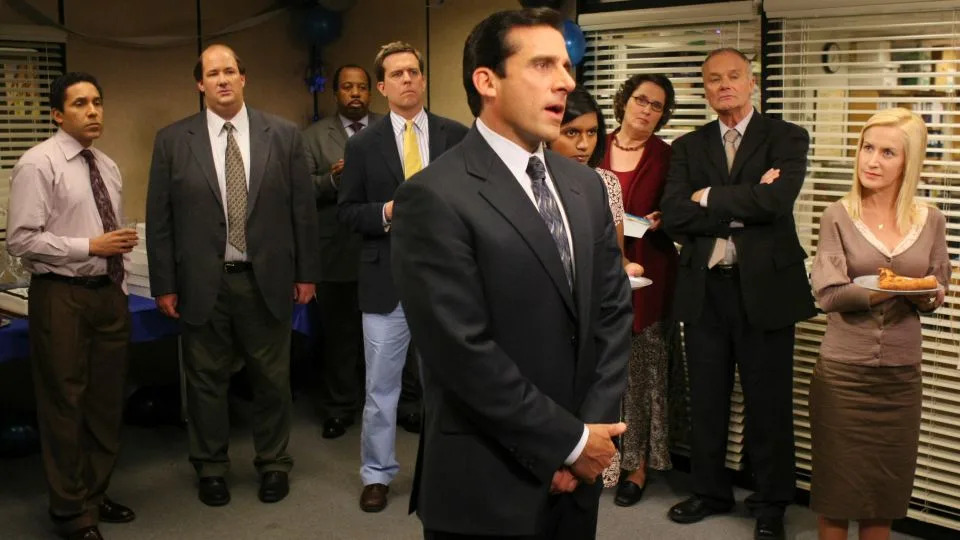 Oscar Nunez as Oscar Martinez, Brian Baumgartner as Kevin Malone, Leslie David Baker as Stanley Hudson, Ed Helms as Andy Bernard, Steve Carell as Michael Scott, Mindy Kaling as Kelly Kapoor, Phyllis Smith as Phyllis Lapin, Creed Bratton as Creed Bratton, and Angela Kinsey as Angela Martin - Justin Lubin/NBCU Photo Bank/Getty Images