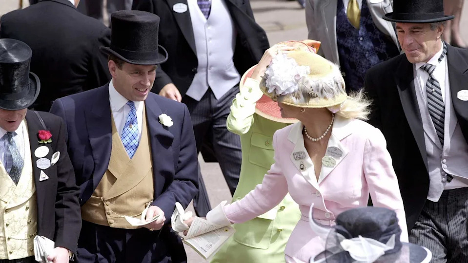 ASCOT, UNITED KINGDOM - JUNE 22:  Royal Ascot Race Meeting Thursday - Ladies Day. Prince Andrew, The Duke Of York and Jeffrey Epstein (far right) At Ascot. With them are Edward (far left) and Caroline Stanley (in pink), the Earl and Countess of Derby. (Photo by Tim Graham Photo Library via Getty Images)