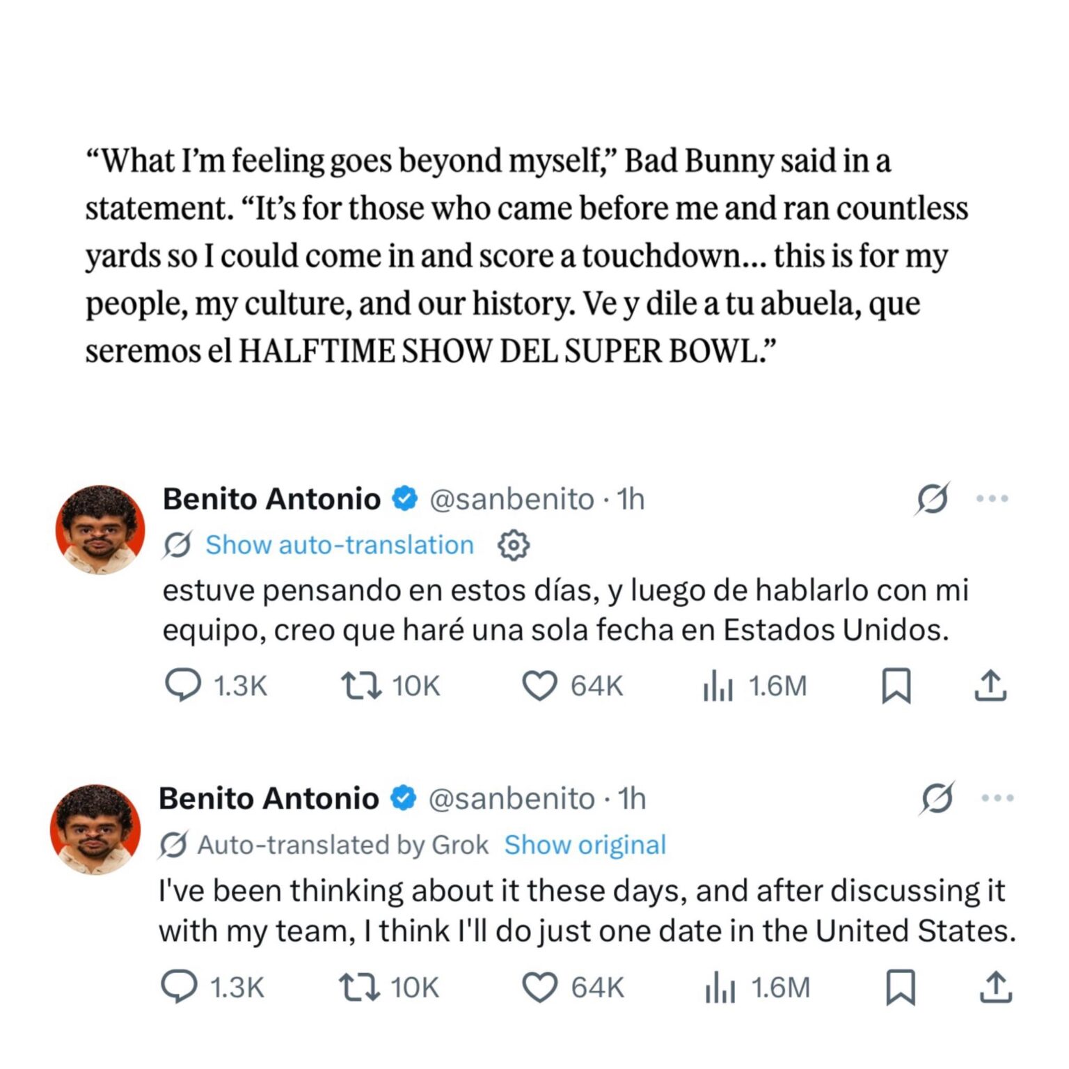 Bad Bunny on playing the SB halftime show: “What I’m feeling goes beyond myself. It’s for those who came before me and ran countless yards so I could come in and score a touchdown… this is for my people, my culture, and our history.“