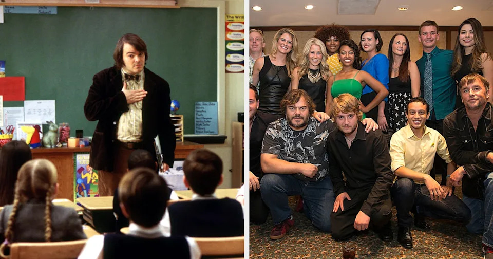 Left: Man in a classroom speaking to students. Right: Group photo with people, including some in casual and semi-formal attire, gathered together indoors