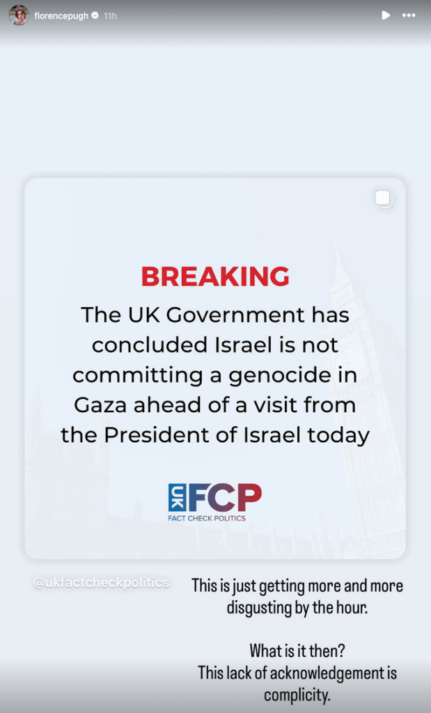Florence Pugh calls out the UK Government for not acknowledging Israel is committing a genocide in Gaza