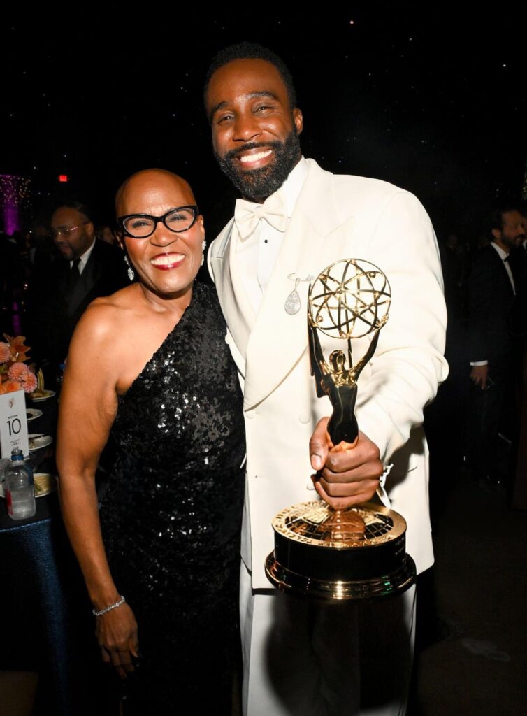 Emmy Winner Tramell Tillman & his mom at the 77th Primetime Emmy Awards show & Apple TV+ afterparty. (September 14, 2025)
