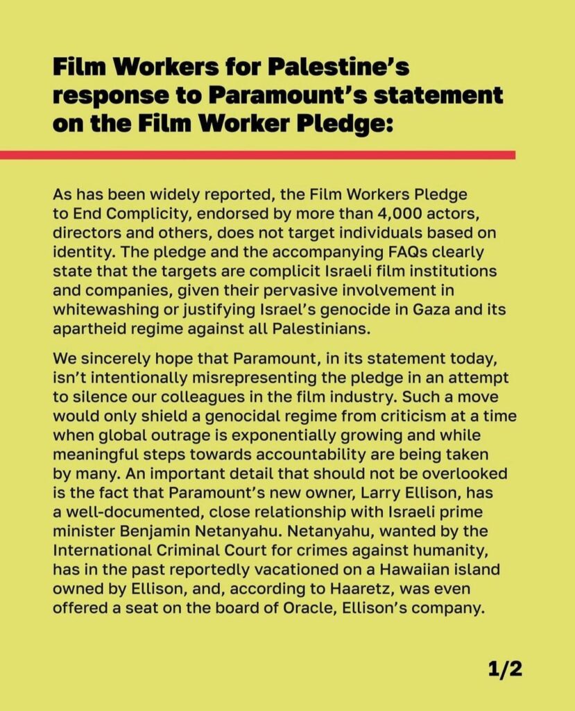 Film Workers for Palestine respond to Paramount