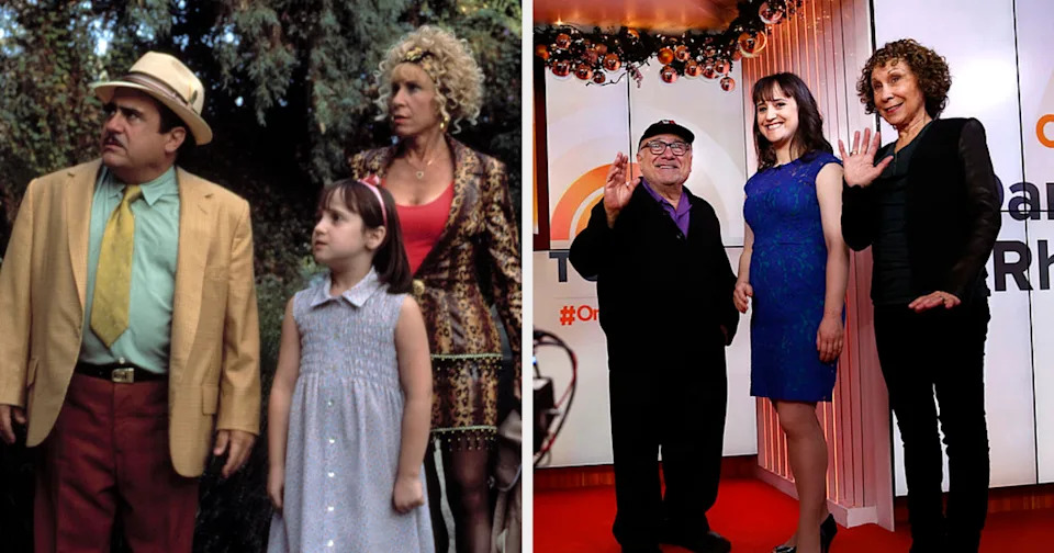 Left: A family stands outdoors, looking surprised. Right: Three people wave on a red carpet; one wears a blue dress