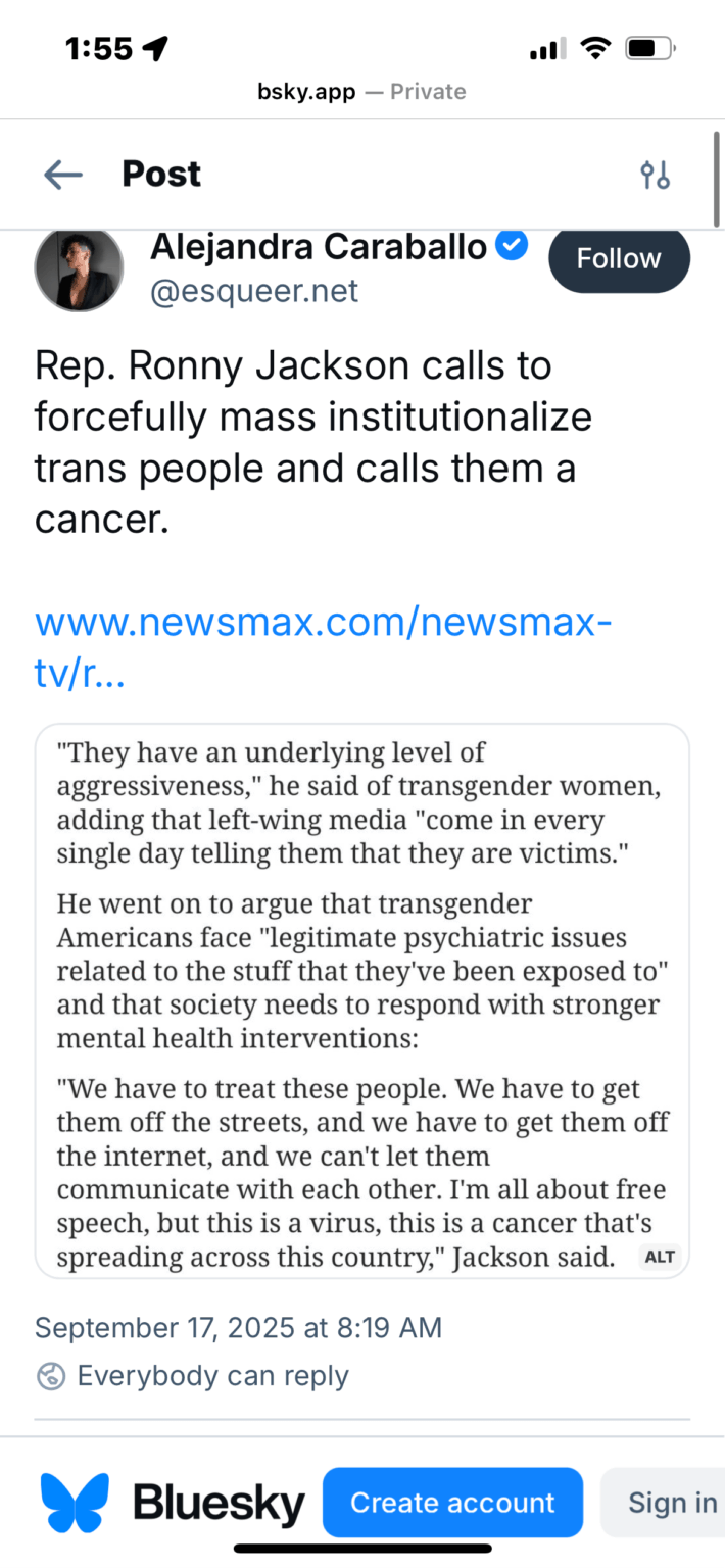 Ronny Jackson using his power to call for mass persecution of transgender women, calling them  “aggressive”, “a virus and cancer”, and calls for “mass institutionalization”