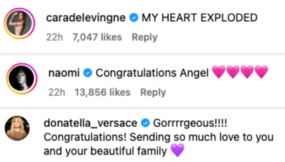 Instagram comments congratulating Rihanna on a baby girl; users include Cara Delevingne, Kehlani, and Lala