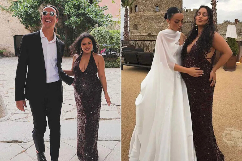 Pregnant Vanessa Hudgens Shows Off Baby Bump in a Sequin Gown at Italy Wedding Alongside Husband Cole Tucker