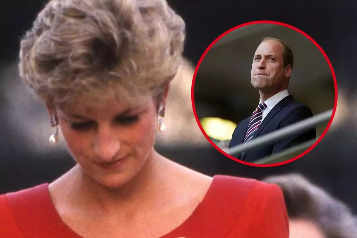A woman in a red dress looks down while a man in a suit and tie appears in a red circle looking forward.