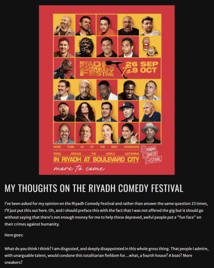 David Cross shares his thoughts on the Riyadh Comedy Festival: "I am disgusted, and deeply disappointed in this whole gross thing. That people I admire, with unarguable talent, would condone this totalitarian fiefdom for…what, a fourth house? A boat? More sneakers?"