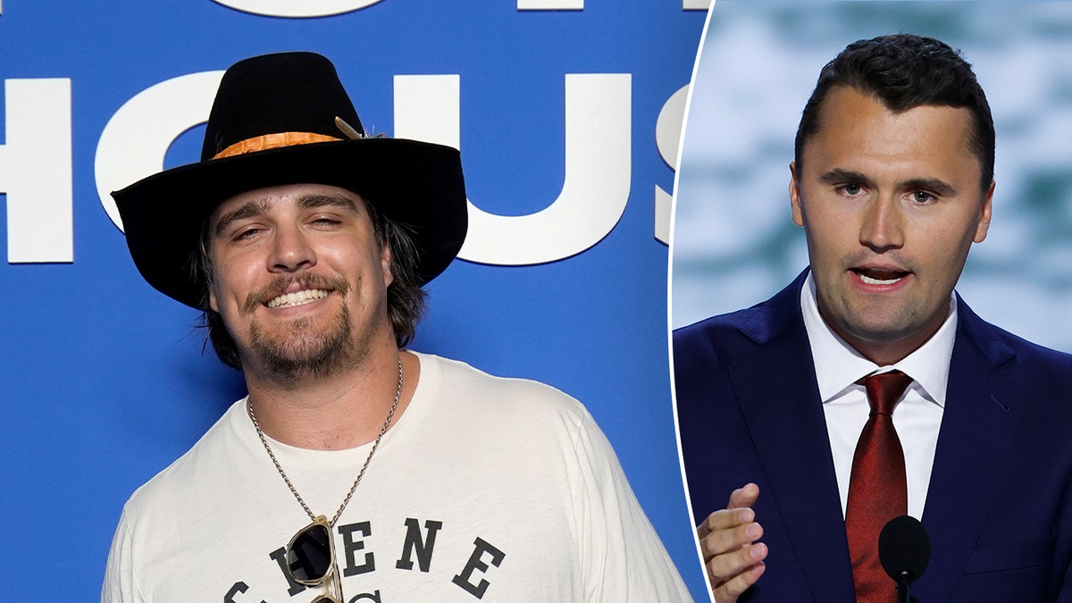 Split image of Gavin Adcock smiling for photo and Charlie Kirk speaking at an event