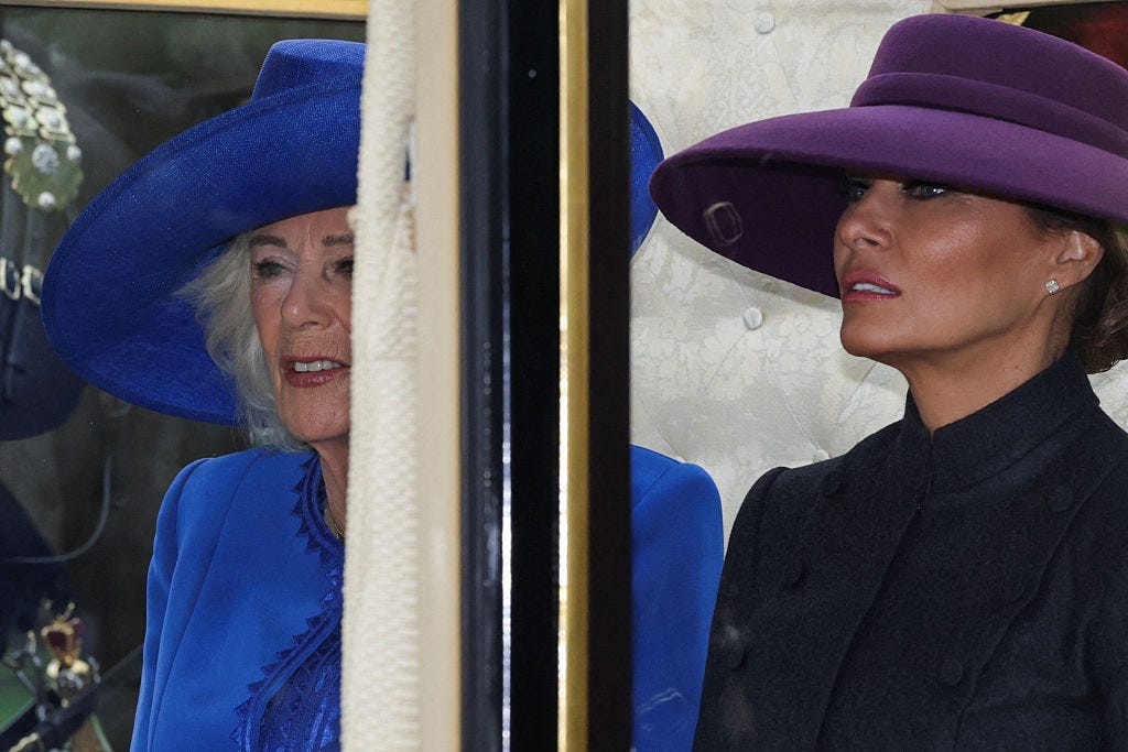 windsor, england september 17: queen camilla and u.s. first lady melania trump sit in a carriage during a procession through windsor castle during the state visit by the president of the united states of america on september 17, 2025 in windsor, england. (photo by toby melville wpa pool/getty images)