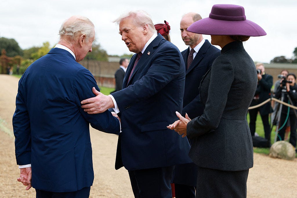britains king charles iii and britains queen camilla greet us president donald trump and first lady melania trump, accompanied by britains prince william, prince of wales and britains catherine, princess of wales, upon their arrival in the grounds of windsor castle, in windsor, on september 17, 2025, for the start of a second state visit. us president donald trump arrived in britain for an unprecedented second state visit, with the uk government rolling out a royal red carpet welcome to win over the mercurial leader. (photo by ian vogler / pool / afp) (photo by ian vogler/pool/afp via getty images)