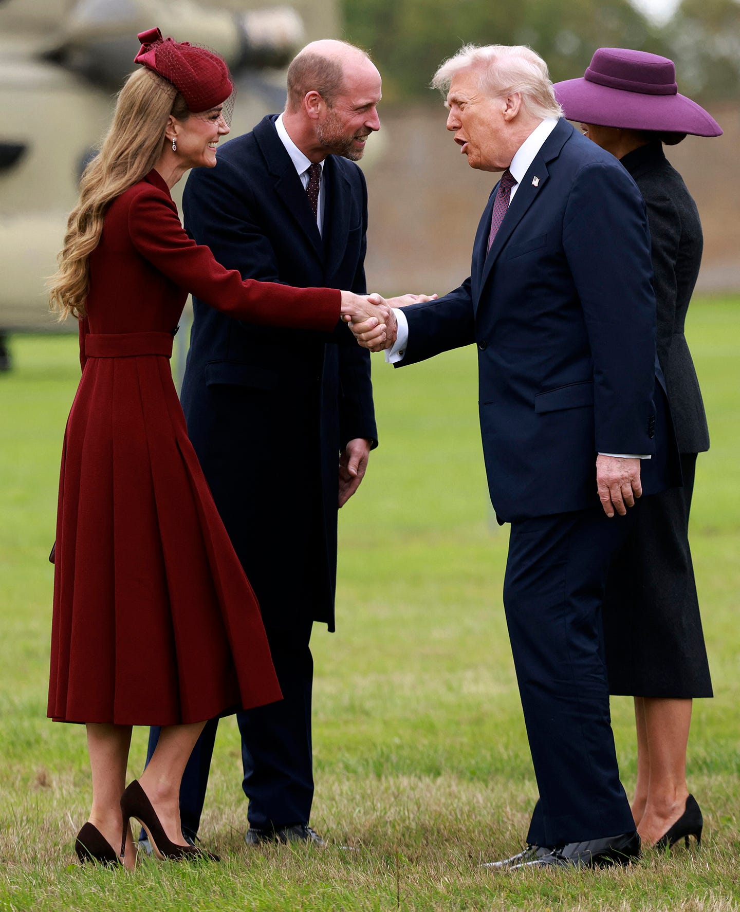 us president donald trump and first lady melania trump are greeted by britain's prince william, prince of wales and britain's catherine, princess of wales, upon their arrival at the grounds of windsor castle, in windsor, on september 17, 2025, for the start of a second state visit. (photo by ian vogler / pool / afp) (photo by ian vogler/pool/afp via getty images)