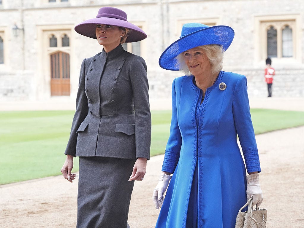 windsor, england september 17: us first lady melania trump and queen camilla during the ceremonial welcome during the state visit by the president of the united states of america on september 17, 2025 in windsor, england. president trump is in england from sept. 16 18 on his second uk state visit, with the previous one taking place in 2019 during his first presidential term. (photo by jonathan brady wpa pool/getty images)