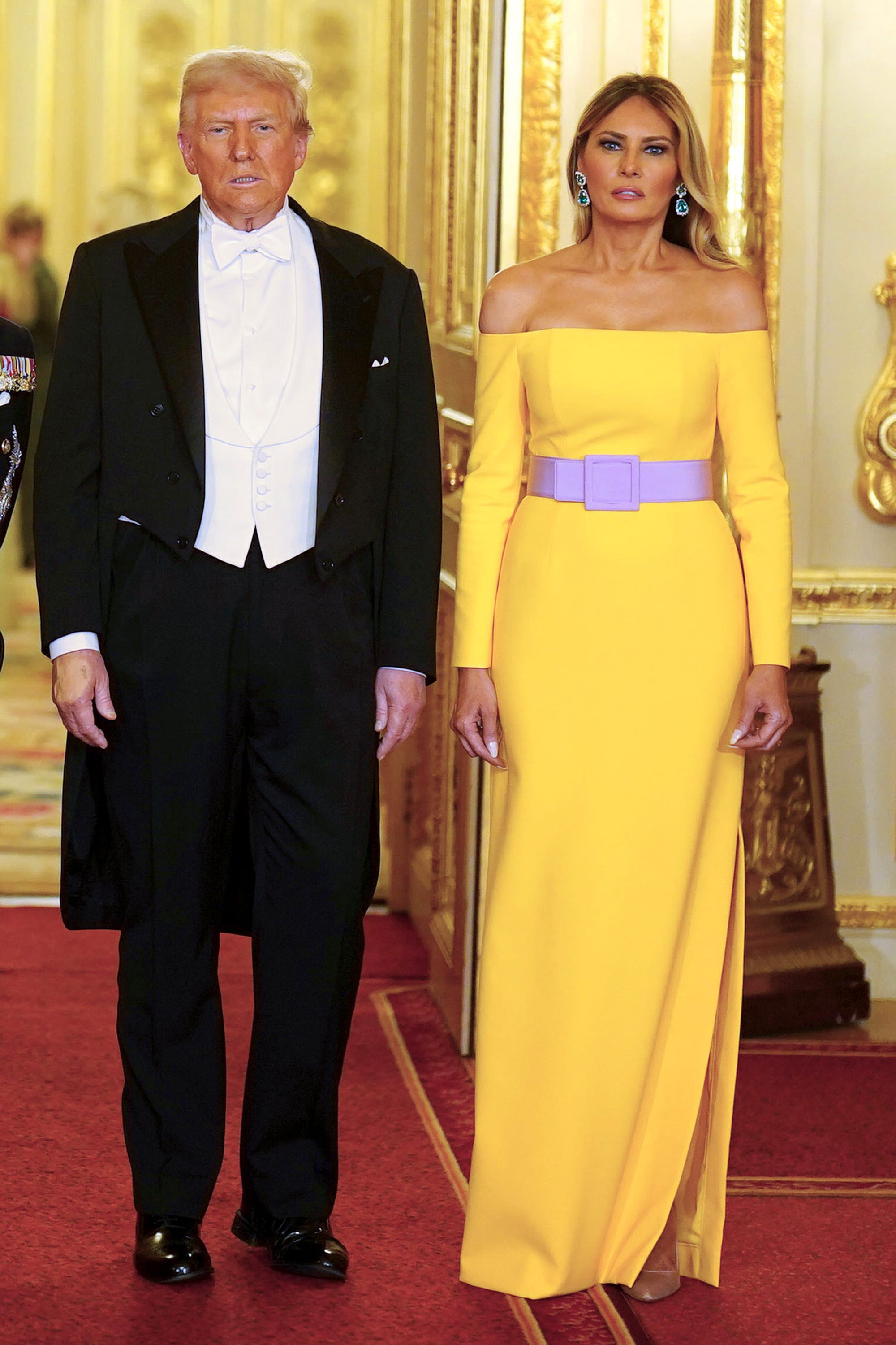 windsor, england september 17: u.s. president donald trump and first lady melania trump arrive for the state banquet hosted by king charles iii and members of the royal family at windsor castle during the state visit by the president of the united states of america on september 17, 2025 in windsor, england. president trump is in england from sept. 16 18 on his second uk state visit, with the previous one taking place in 2019 during his first presidential term. (photo by aaron chown wpa pool/getty images)