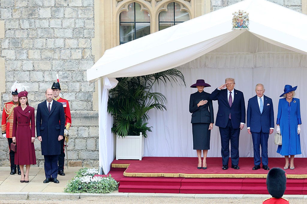 windsor, england september 17: catherine, princess of wales, prince william, prince of wales, first lady melania trump, u.s. president donald trump, king charles iii and queen camilla during the state visit by the president of the united states of america at windsor castle on september 17, 2025 in windsor, england. (photo by chris jackson/getty images)
