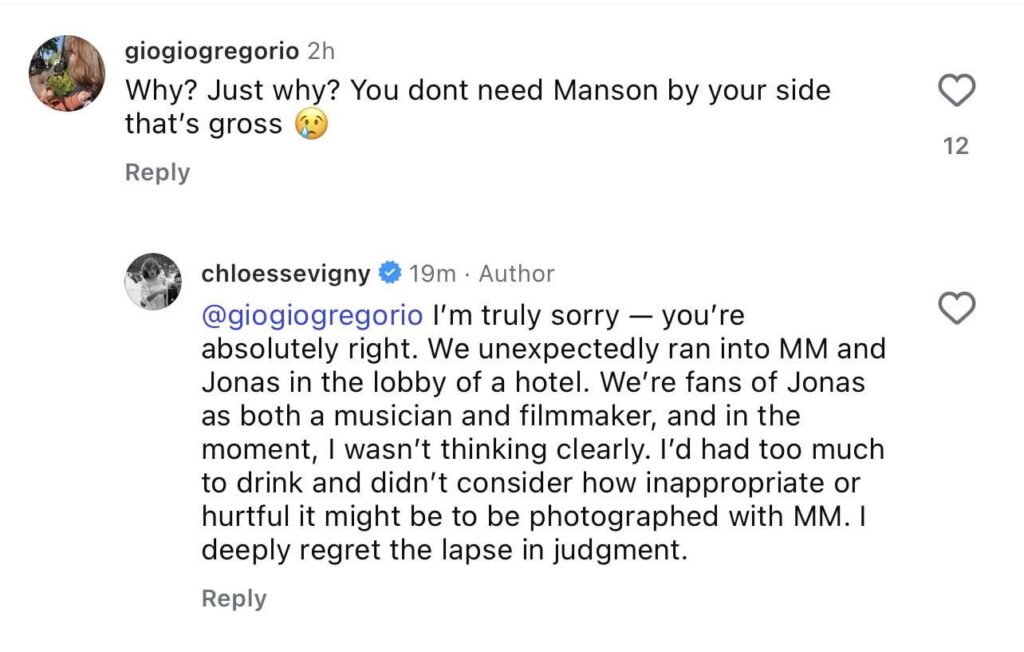 Chloë Sevigny apologizes for being photographed with Marilyn Manson