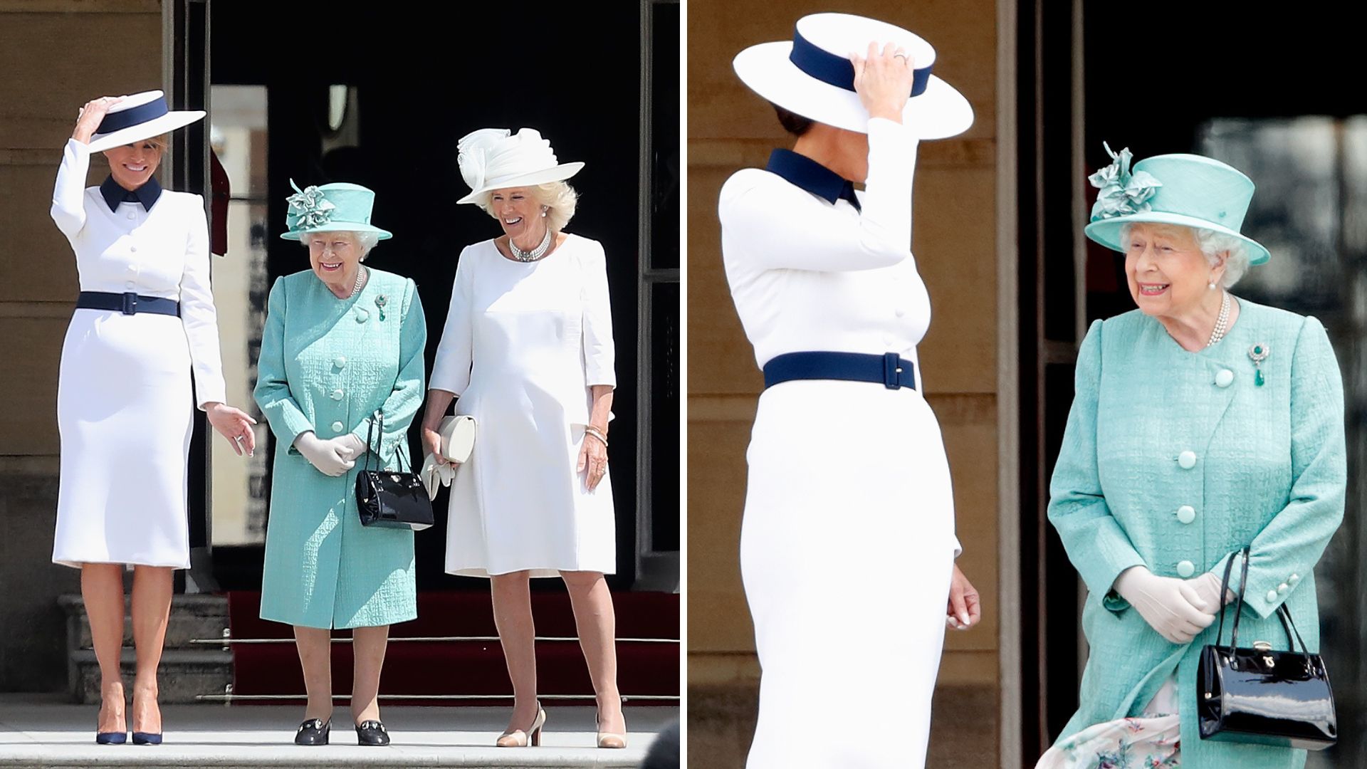 L-Melania Trump, Queen Elizabeth and Queen Camilla during the Trumps' state visit in 2019, R-Melania Trump holds on to her hat as she talks to Queen Elizabeth II