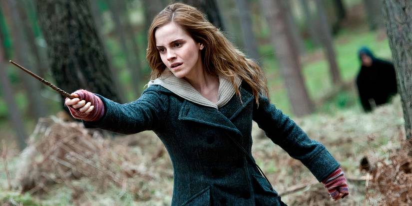 Hermione Granger fends off Death Eaters with some creative spells in order to escape their clutches in Harry Potter.