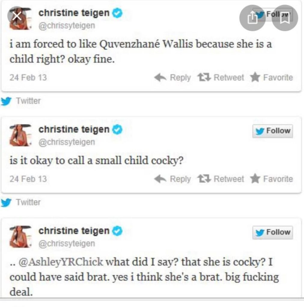 Throwback to Chrissy Teigen bullying a 9-year-old Quvenzhané Wallis. This is somehow not the thing that finally got her cancelled.